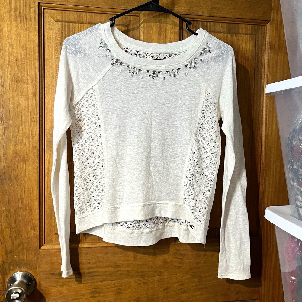 Hollister Rhinestone Embellished Lace Back Sweatshirt White XS Y2K Top Pullover